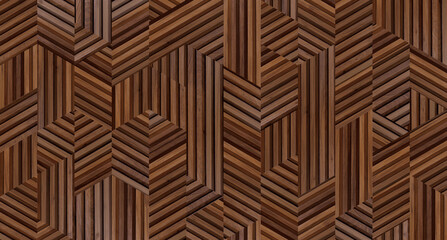 A wooden panel surface featuring striped patterns in warm brown tones, creating a modern geometric design.