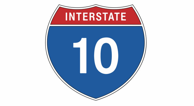 Interstate 10 Highway Road Sign on White Background.