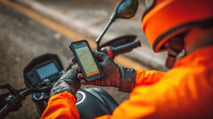 Motorcycle navigation using smartphone urban setting action shot close-up view technology insight