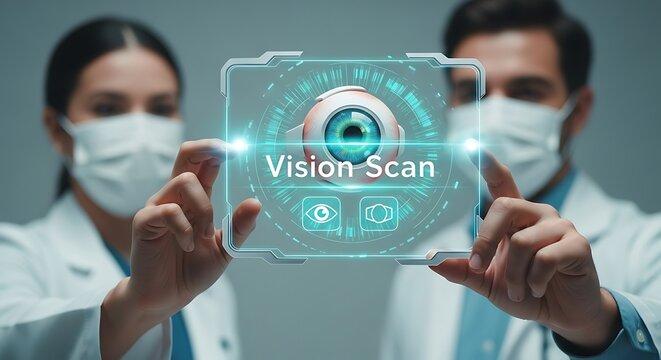Medical professionals analyzing futuristic eye scan data on digital display technology - Powered by Adobe