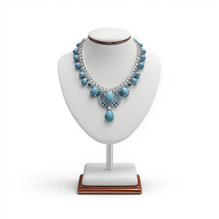 An elegant blue  necklace showcased on a white  display stand set against a clean white background.
