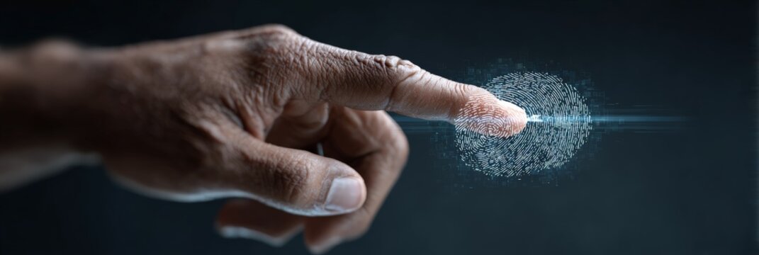 Senior hand scanning personal fingerprint through advanced digital interface, biometric authentication processing with ai powered cybersecurity verification system