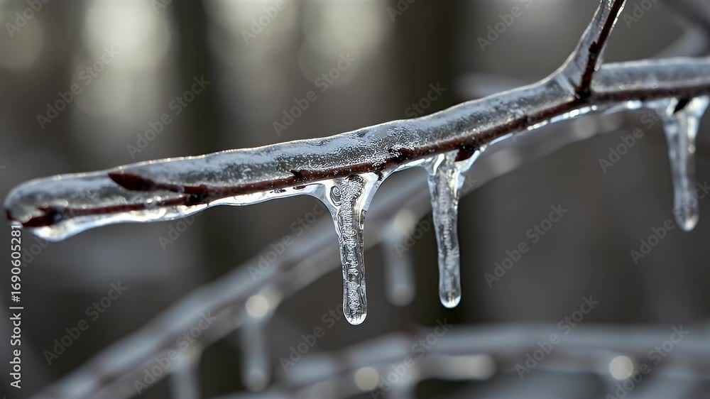Poster a close-up of a tree branch encased in a thick, clear layer of ice with small icicles after a freezi
