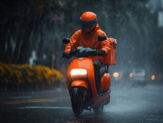 Delivery rider braving rainstorm on scooter urban street action shot dynamic environment low angle view resilience in adversity