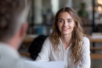 Smiling young woman attentively listening to someone during a meeting or interview, concept for recruitment solutions, performance review and employee onboarding material