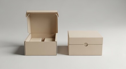 Beige Gift Boxes, Open and Closed, Minimalist Design.