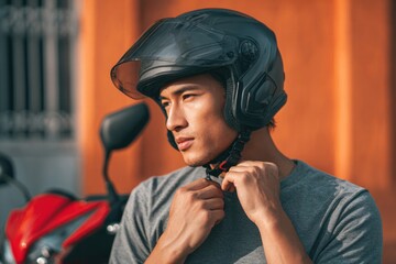 Rider preparing for journey urban street lifestyle photo vibrant environment close-up view adventure concept