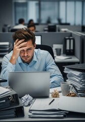 a male office worker looks stressed because of work