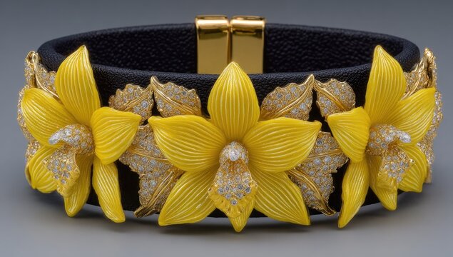 Black leather cuff bracelet, adorned with yellow orchid flowers and diamonds