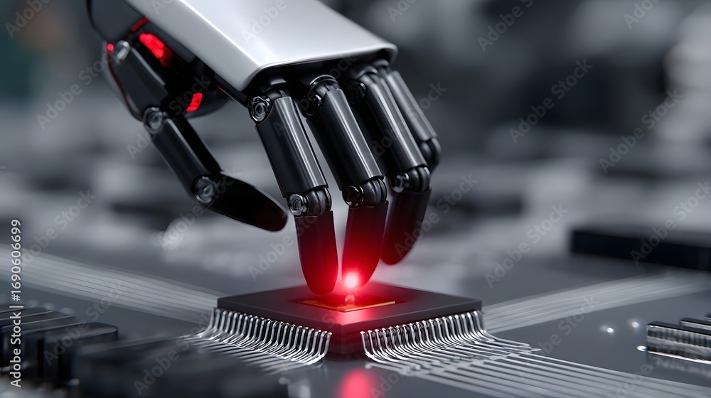 Poster a closeup view of a sleek, metallic robotic hand resting on a complex circuit board, symbolizing the