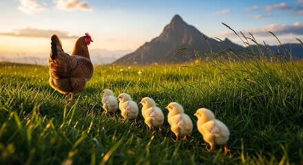 A mother hen carefully guides her line of fluffy baby chicks through a sunlit green meadow with a majestic mountain in the background