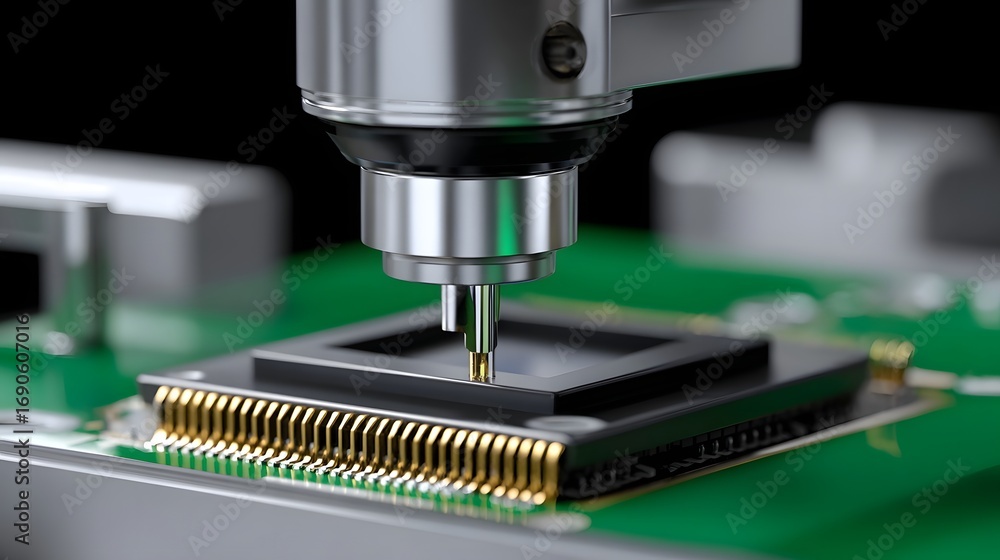 Poster close-up image of a precision industrial hine assembling a microchip on a circuit board, showcasing 