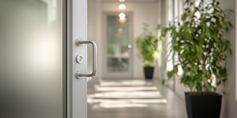 A frosted glass door with metal handle slightly ajar, offering a glimpse into an office hallway. Concept for secure entry, modern workspace and welcoming atmosphere