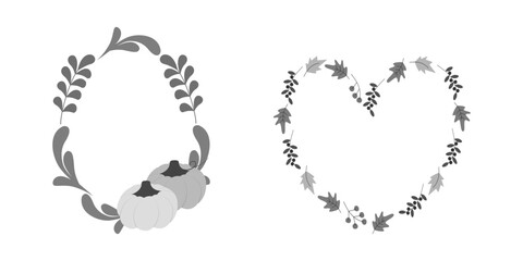 Twigs and Pumpkins Oval Frame and Autumn leaves Heart Shape Frame Grayscale Set Copy space Template