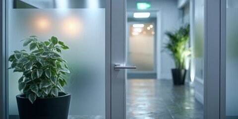 Indoor potted plant in a modern office space with frosted glass partitions and blurred hallway. Concept for workplace wellness, interior design and corporate environment