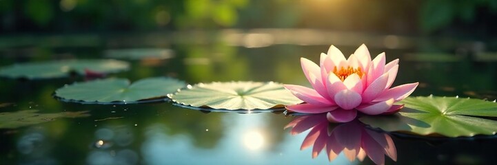 Serene water lilies floating on a calm pond, sunlight dappling the surface Perfect for spa, wellness, and nature themes Ideal for relaxation and tranquility imagery , green, pond, flora