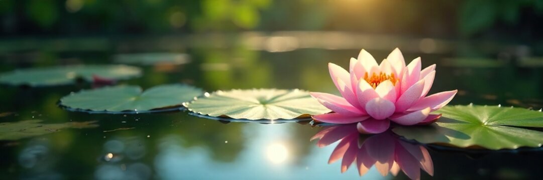 Fototapeta Serene water lilies floating on a calm pond, sunlight dappling the surface Perfect for spa, wellness, and nature themes Ideal for relaxation and tranquility imagery , green, pond, flora