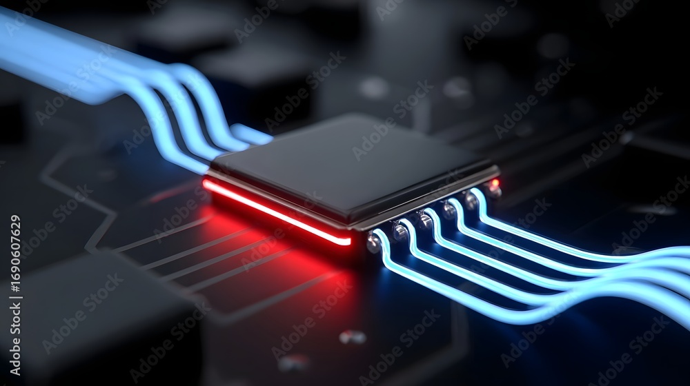 Poster a sleek, high-tech digital device with illuminated circuit board elements in a dynamic, futuristic d
