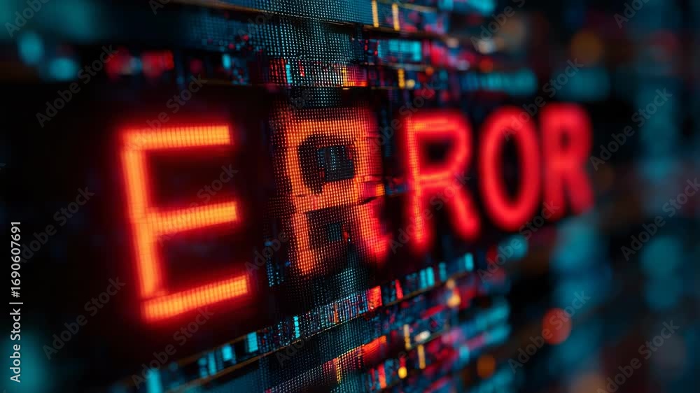 Wall mural digital error message displayed on an led screen at night