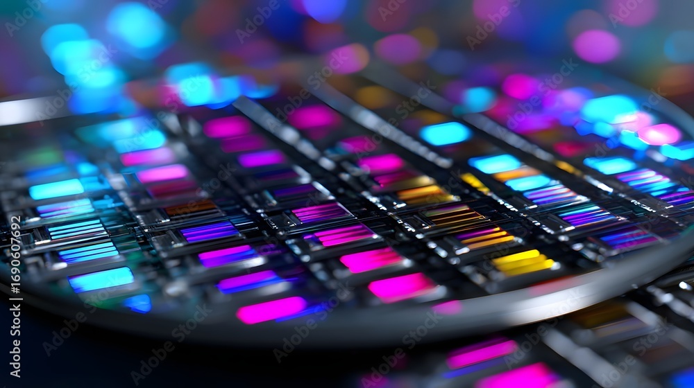 Aufkleber close-up view of an intricate electronic circuit board featuring a complex pattern of colorful micro