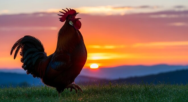 Rooster Crowing at Sunrise Majestic Bird Welcoming the New Day in a Beautiful Landscape - Powered by Adobe