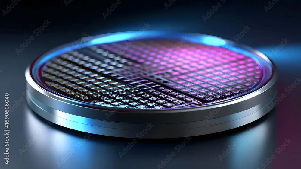 Poster detailed close-up view of a high-tech microchip circuit board with a luminous grid pattern and vibra