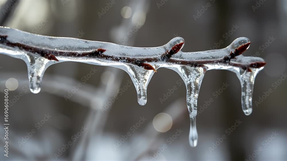 Poster a close-up of a tree branch with buds encased in transparent ice and small icicles after a freezing 