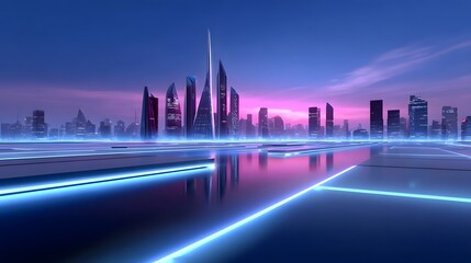 A futuristic, high-tech cityscape with towering skyscrapers illuminated by vibrant neon lights, reflected in the calm waters below, creating a striking and innovative urban landscape at night.