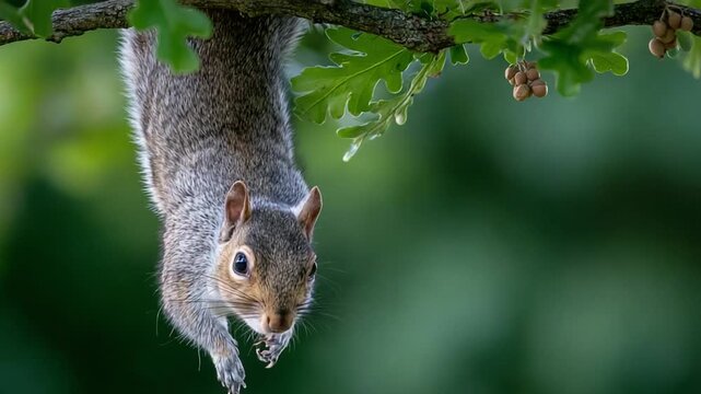 A gray squirrel hangs suspended from a tree branch, showcasing nature's beauty.
