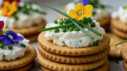 Gourmet appetizer of stacked crackers topped with cream cheese, fresh chives, and colorful edible pansy flowers. - Powered by Adobe