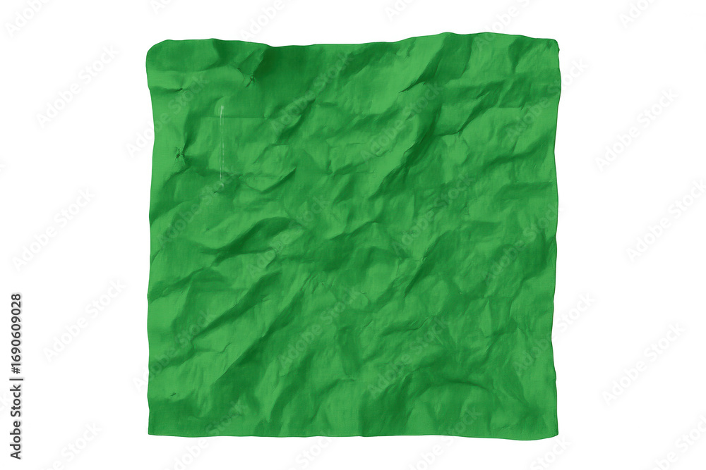 Poster crumpled green paper casting soft shadows, creating textural element against transparent backdrop