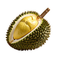 Obraz premium Halved durian, golden flesh, spiky shell, tropical fruit