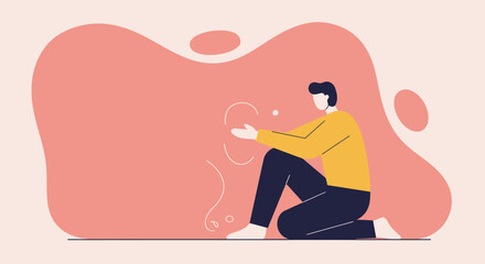 Minimalist illustration of a person engaged with abstract floating elements, representing contemplation, digital interaction, or creative thinking. Suitable for tech, business, or lifestyle content.