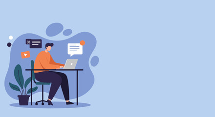 Professional man working diligently on his laptop in a modern workspace, surrounded by digital communication icons. Ideal for business, remote work, or technology concepts.