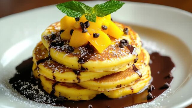 A towering stack of fluffy pancakes smothered in rich chocolate sauce and a scoop of fresh fruit on top. A dessert that's sure to satisfy any sweet cravings.