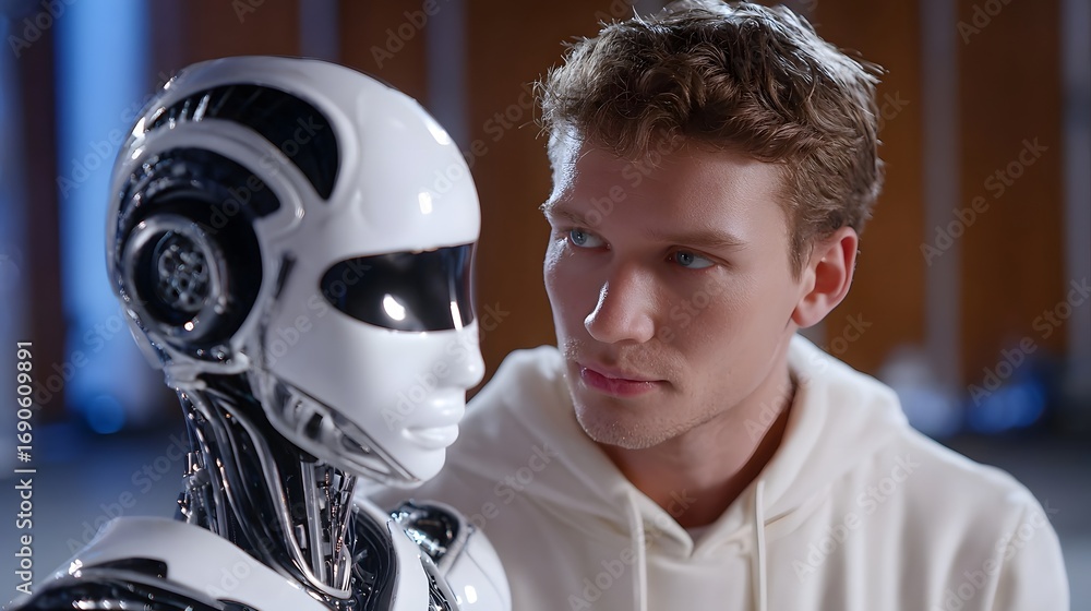 Aufkleber a robot and a human appear to be in a contemplative discussion, exploring the potential for coope n 