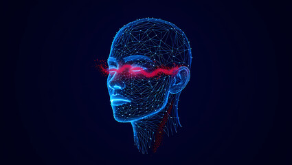 Abstract digital human head with red laser beams emanating from the eyes on a dark blue background in a futuristic style