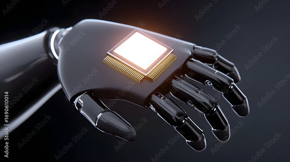 Poster close-up view of a futuristic robotic hand with intricate digital components and circuitry, showcasi