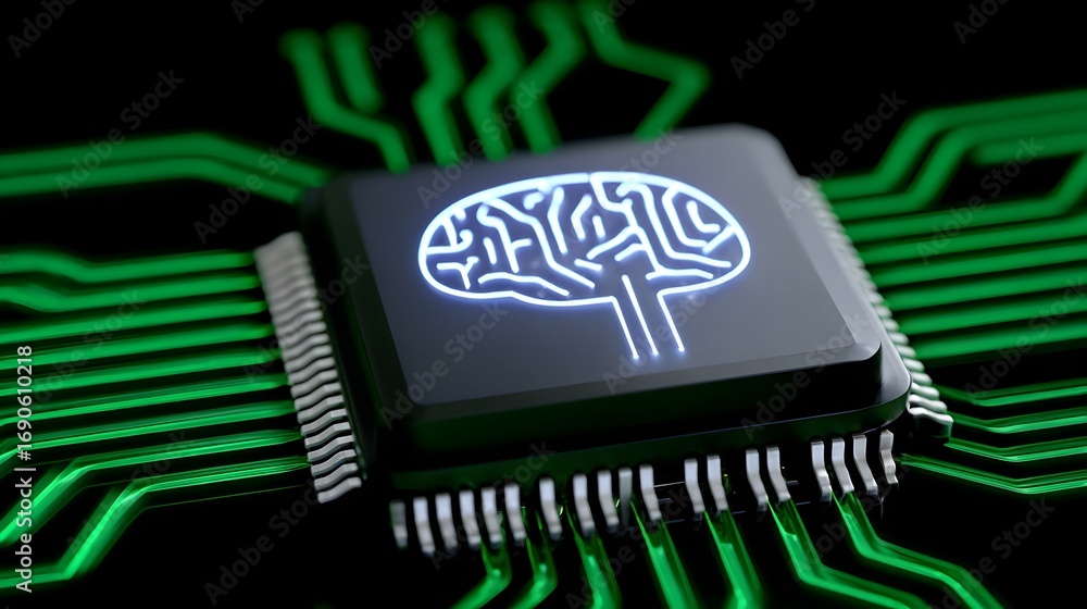 Poster close-up view of a high-tech microchip with intricate circuits and a stylized brain symbol, represen