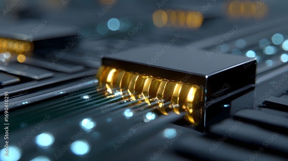Poster close-up view of an intricate electronic circuit board featuring an array of microchips, capacitors,