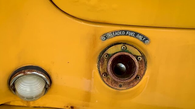 Fuel tank car with sign Unleaded fuel only premium ecology refueling retro cars