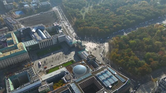 Aerial View of Brandenburg Gate, Brandenburger Tor, in Autumn Day. monument in Berlin, Capital of Germany, Europe.