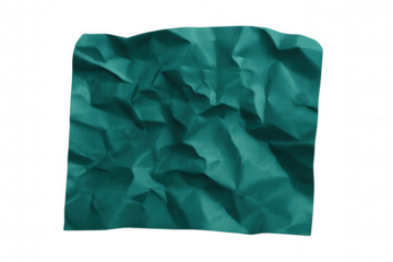 Teal green crumpled paper texture displaying deep wrinkles, creases against transparent surface