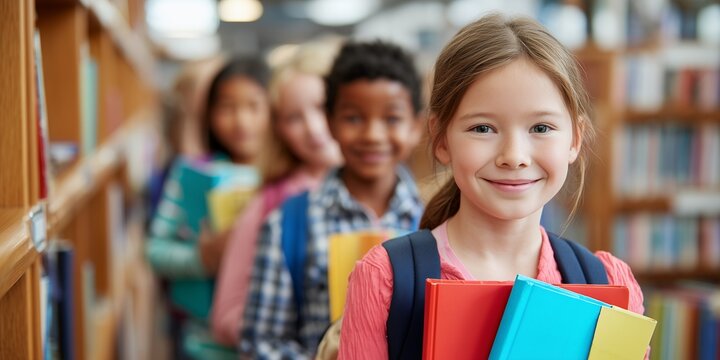 Diverse group of schoolchildren are smiling and carrying books in a library or school hallway. Concept for educational programs, academic achievement and scholastic material. - Powered by Adobe