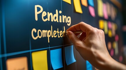 Progress tracking on a Kanban board with colorful sticky notes and a hand marking tasks as complete