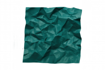 Crumpled green paper sheet displaying prominent wrinkles, isolated against transparent background with distinct textural details