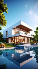 Fototapeta premium Modern home with pool and garden (1)