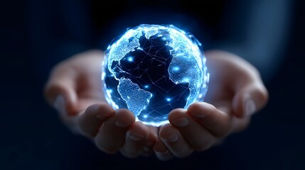 The image depicts a person's hands holding a glowing, digital representation of the Earth. The globe is illuminated with a blue, electrical-like energy, symbolizing technology, innovation.