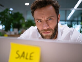 Focused man stares at laptop with 'SALE' note, wearing white shirt in office setting. Concept for retail promotion, deadline driven tasks and e-commerce campaigns