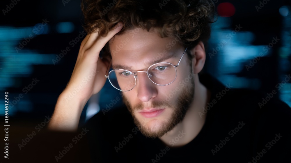 Poster a focused young man works intently at his computer in a dimly lit space. the scene conveys determina